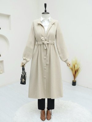 Bej Belden Bağlamalı Top Düğmeli Kaşe Kaban