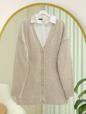 Açık Vizon Önü Düğmeli Örme Triko Hırka