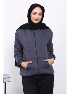 Füme Kanguru Cepli Şardonlu Üç İplik Hırka