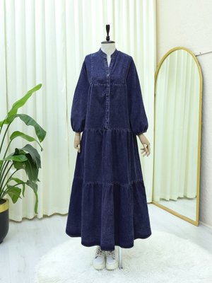 Laci Yarım Düğmeli Kolu Lastikli Yarasa Kol Kot Elbise