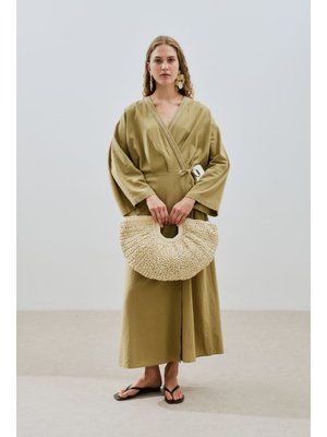 Haki Dokulu Kruvaze Kapamalı Elbise
