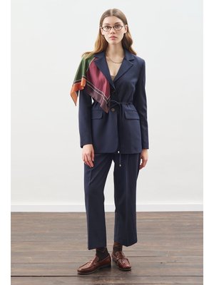 Lacivert Kuşaklı Tek Düğmeli Blazer Ceket