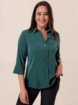 Koyu Yeşil Polo Yaka Broşlu Çeyrek Kol Büyük Beden Bluz