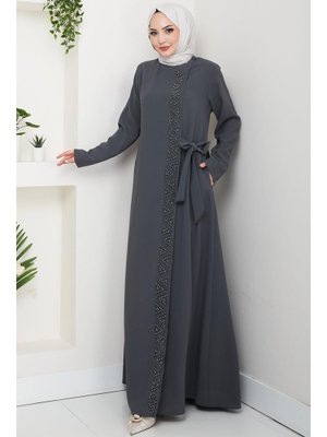 Füme Gizli Fermuarlı Yandan Bağlamalı Boncuklu Ferace