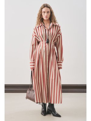 Pile Detaylı Gömlek Elbise Kiremit Çizgili