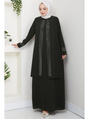 Haki Parlak Taşlı Büyük Beden Anne Elbisesi