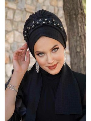 Siyah Taş Nakışlı Abiye Atkılı Bone