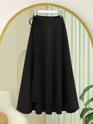 Siyah Yandan Bağlama Detaylı Katlı Fermuarlı Scuba Etek