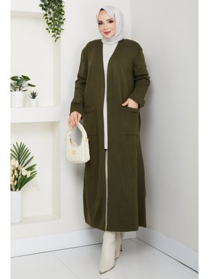 Çelik Örgü Cepli Uzun Triko Hırka