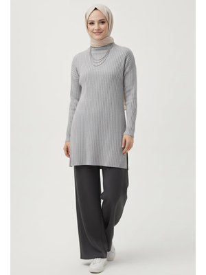 Gri Grı İnterlok Yırtmaçlı Tunik