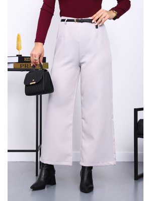 Bej Kemerli Yan Fermuarlı Pantolon