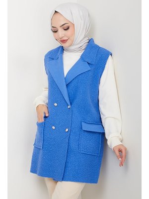 Mavi Kapak Cepli Düğmeli Yelek