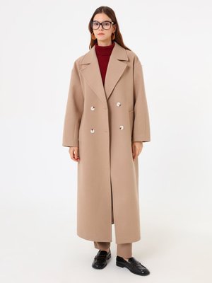 Kruvaze Kapama Detaylı Düşük Omuzlu Uzun Basic Kaban Bej