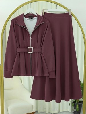 Mürdüm Beli Katlamalı Önü Fermuarlı Kemerli Etekli Penye Takım