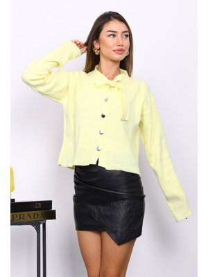 Sarı Yaka Bağlamalı Düğmeli Triko Hırka
