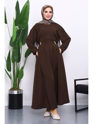 Kahverengi Bel Bağlamalı Piliseli Elbise