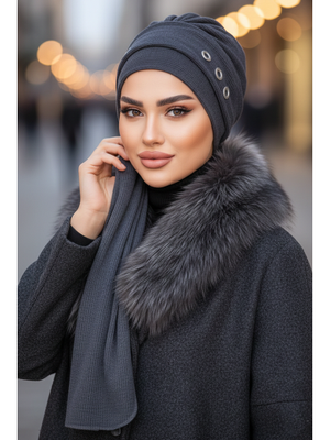 Antrasit Metal Detaylı Kışlık Atkılı Bone