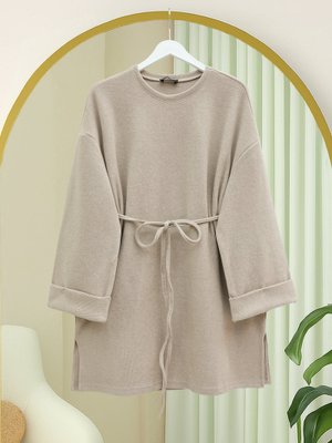 Taş Kolu Katlı Beli Bağlamalı Yırtmaçlı Selanik Tunik