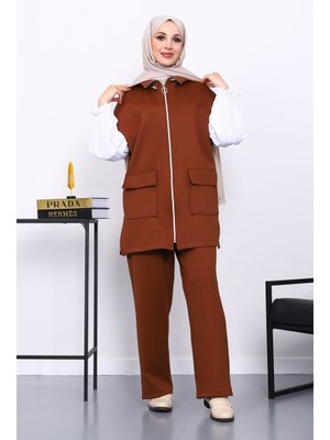 Kahverengi Fermuarlı Yelek Pantolonlu Scuba Takım