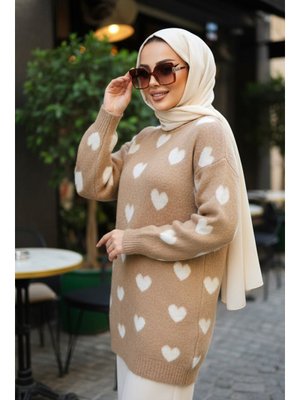 Kalp Desenli Camel Triko Kazak Tunik 8688c