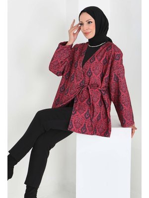Kırmızı Etnik Desenli Önden Bağlamlalı Ceket