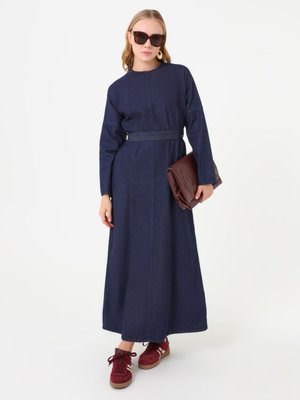 Açık Lacivert Denim Dikiş Detaylı Elbise