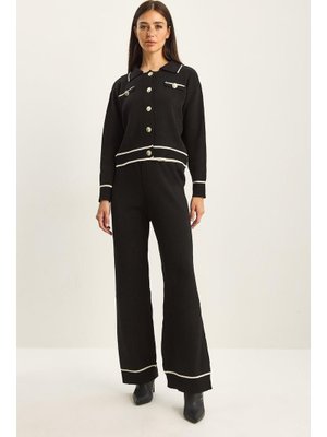 Siyah Gold Düğme Detaylı Palazzo Pantolonlu Triko Alt Üst Takım