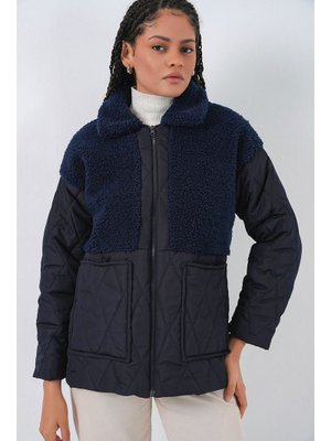 Lacivert Peluş Detaylı Oversize Şişme Mont