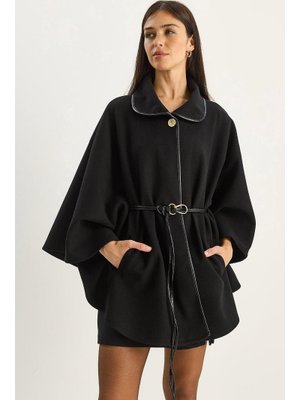 Siyah Cep Detaylı Suni Deri Kemerli Kaşe Panço