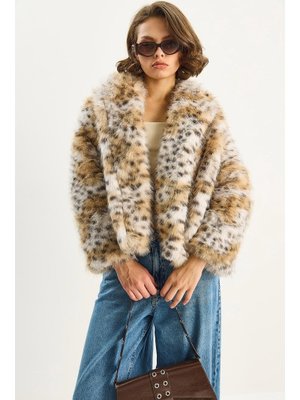 Ekru Bej Şal Yaka Astarlı Premium Suni Kürk Ceket