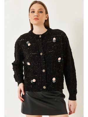 Siyah Ponponlu Desenli Triko Hırka