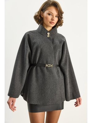 Antrasit Gold Düğme Detaylı Dik Yaka Kemerli Panço