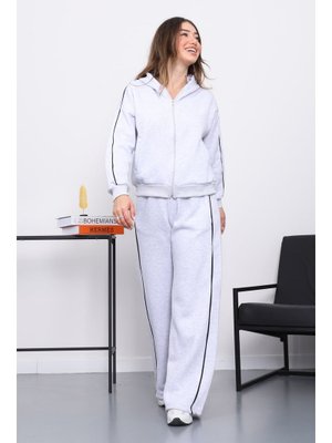 Gri Kapüşonlu Üç İplik Sweat Hırka Pantolonlu Takım