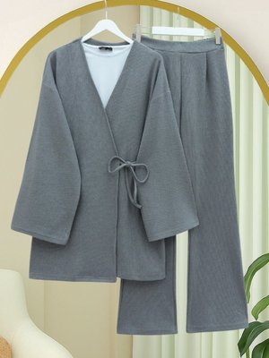 Gri Çapraz Bağlamalı Selanik Kimono Takım