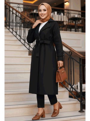 Kemerli Siyah Kaşe Kaban 61210s