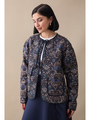 Etnik Desen Kapitone Siyah Ceket