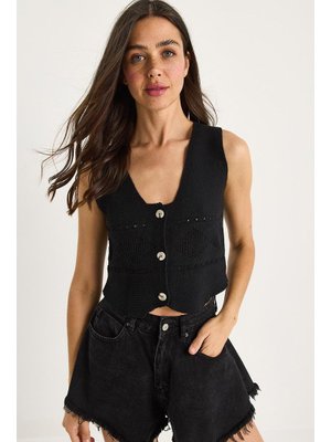 Siyah V Yaka Kalın Askılı Triko Yelek