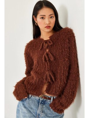 Kahve Önden Bağlamalı Saçaklı Hırka