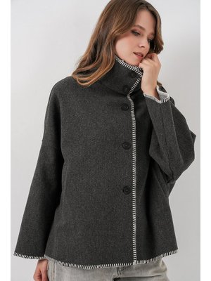 Antrasit Nakışlı Kaşe Ceket