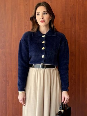 Lacivert Polo Yaka Peluş Hırka