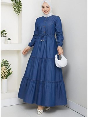 Dantel Detaylı Düğmeli Ve Bağcıklı Koyu Kot Mavi Elbise
