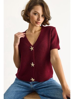 Vişne Deniz Yıldızı Aksesuarlı Pirinç Örgü Kısa Kollu Triko Hırka