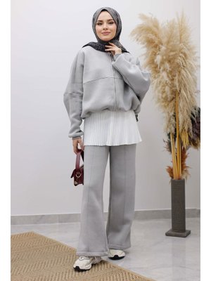 Gri Fermuarlı Şardonlu Eşofman Takım