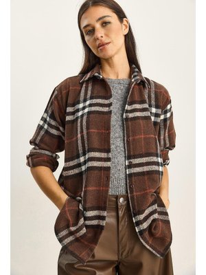 Kahverengi Bej Ekose Desenli Oversize Oduncu Gömlek
