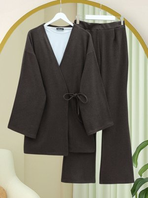 Kahve Çapraz Bağlamalı Selanik Kimono Takım