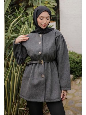 Antrasit Bel Lastikli Kemerli Kaşe Çeket