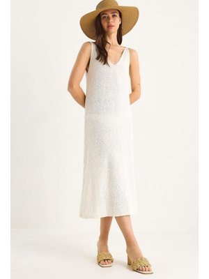 Ekru V Yaka Askılı Yazlık Triko Elbise