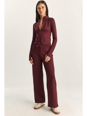 Mürdüm Dik Yaka Fermuarlı Bol Pantolonlu Alt Üst Takım