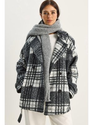 Antrasit Beyaz Ekose Desen Geniş Yaka Cep Detaylı Kuşaklı Kaşe Oversize Kaban