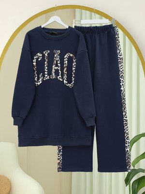 Laci Önü Yazılı Leopar Deseni Detaylı Üç İplik Sweat Takım